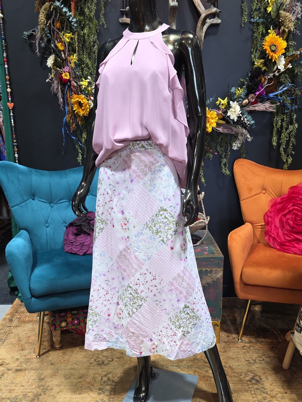 Reba Soft Pink Patchwork Floral Maxi Skirt